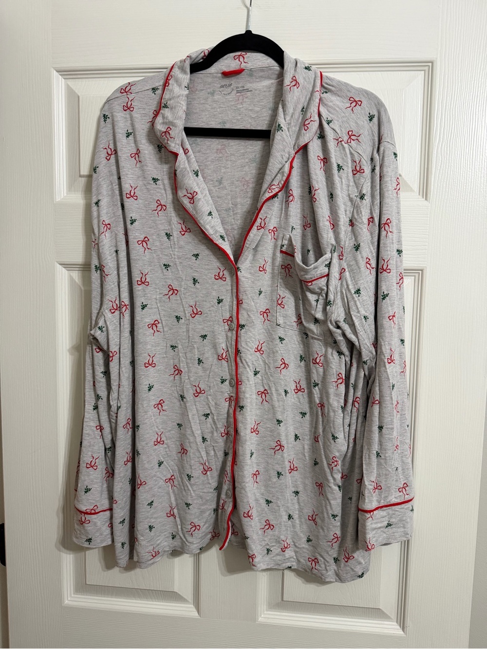 aerie Gray Pajama SET with Red Bow & Green Holly Print
